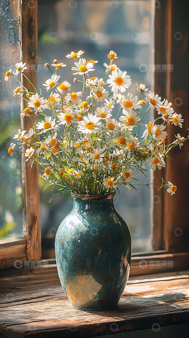 高清大图下载【趣麦麦图】窗边雏菊花瓶