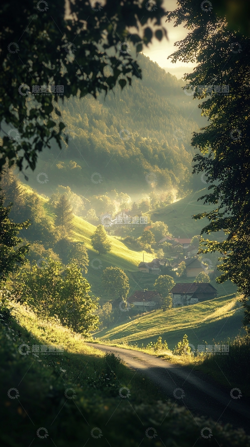 高清大图下载【趣麦麦图】清晨山谷田园风光