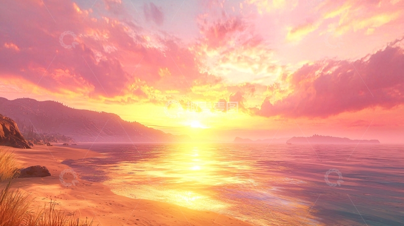 高清大图下载【趣麦麦图】粉色天空下的海边日落
