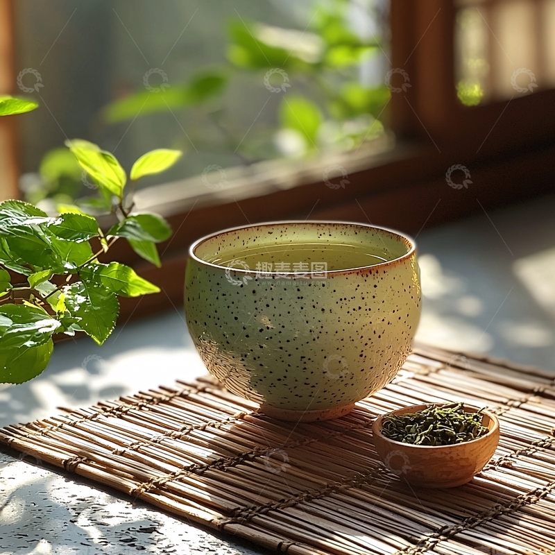 高清大图下载【趣麦麦图】窗边一杯绿茶的静谧时光