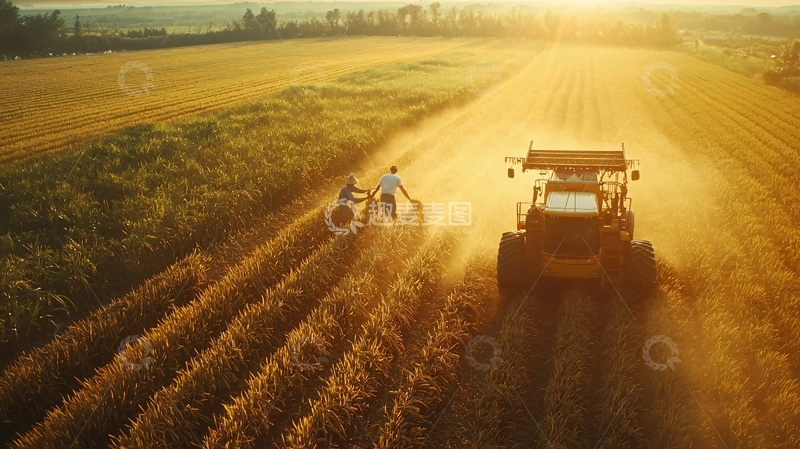 高清大图下载【趣麦麦图】金色麦田收割场景