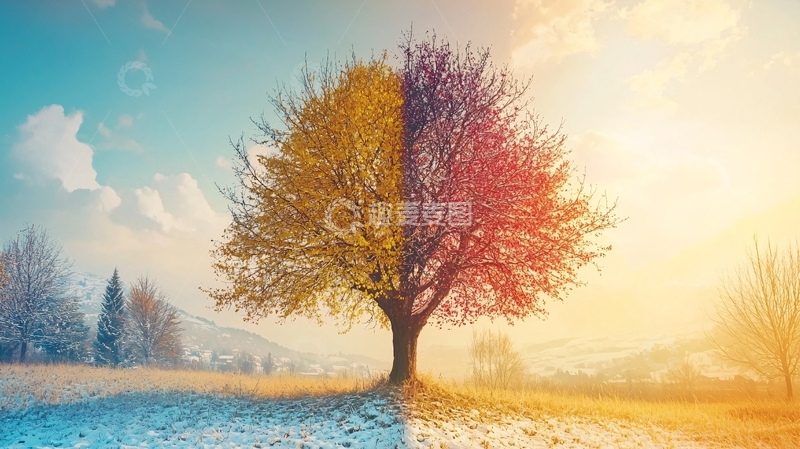高清大图下载【趣麦麦图】一半秋天一半冬天的树