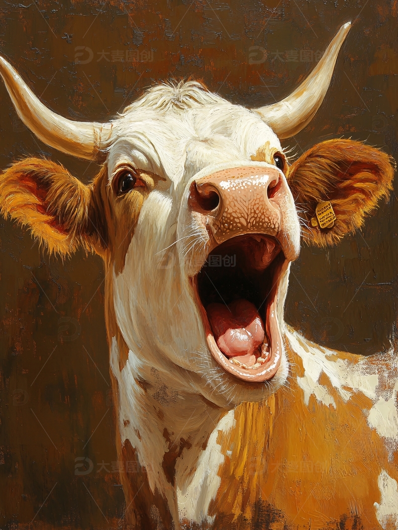 高清大图下载【趣麦麦图】张嘴叫喊的奶牛油画