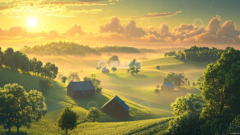 高清大图下载【趣麦麦图】清晨乡间雾气缭绕的田园风光