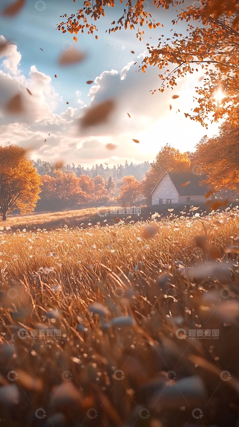 高清大图下载【趣麦麦图】秋日田野小屋落叶飞舞