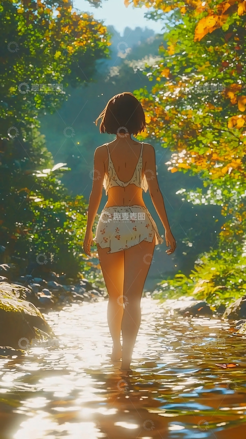 高清大图下载【趣麦麦图】森林溪流女孩背影