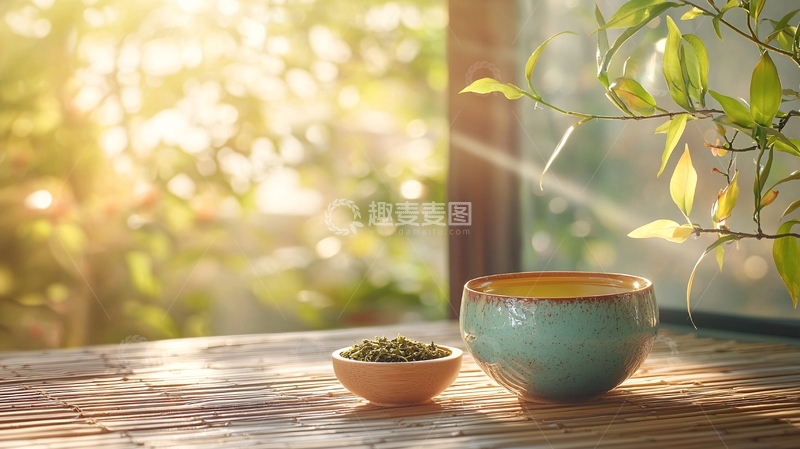 高清大图下载【趣麦麦图】阳光透过窗棂洒在茶具上