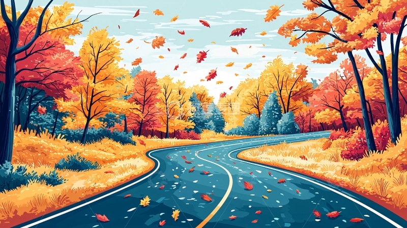 高清大图下载【趣麦麦图】秋季道路落叶纷飞