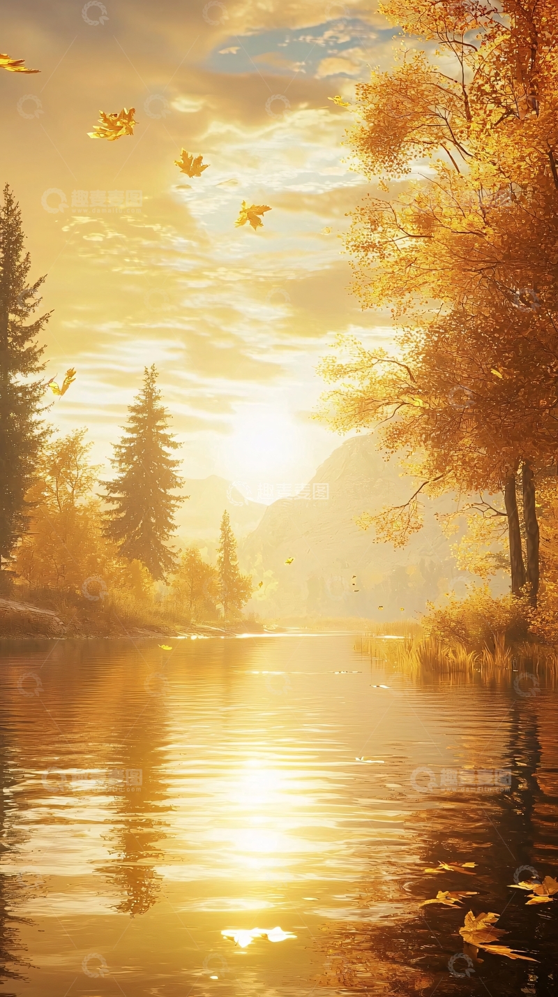高清大图下载【趣麦麦图】秋日河流落叶夕阳