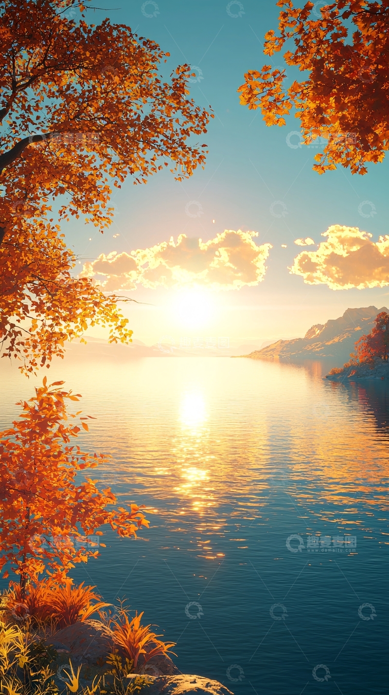高清大图下载【趣麦麦图】秋日湖边日落美景