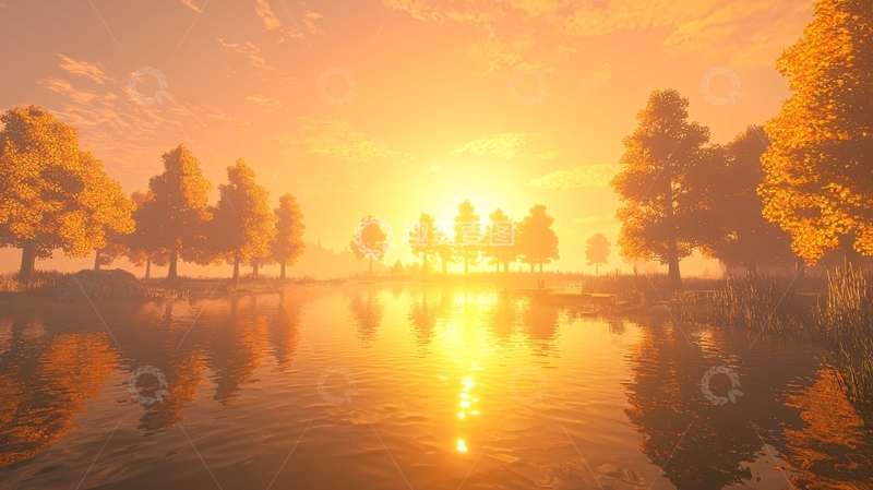 高清大图下载【趣麦麦图】日落湖边树林
