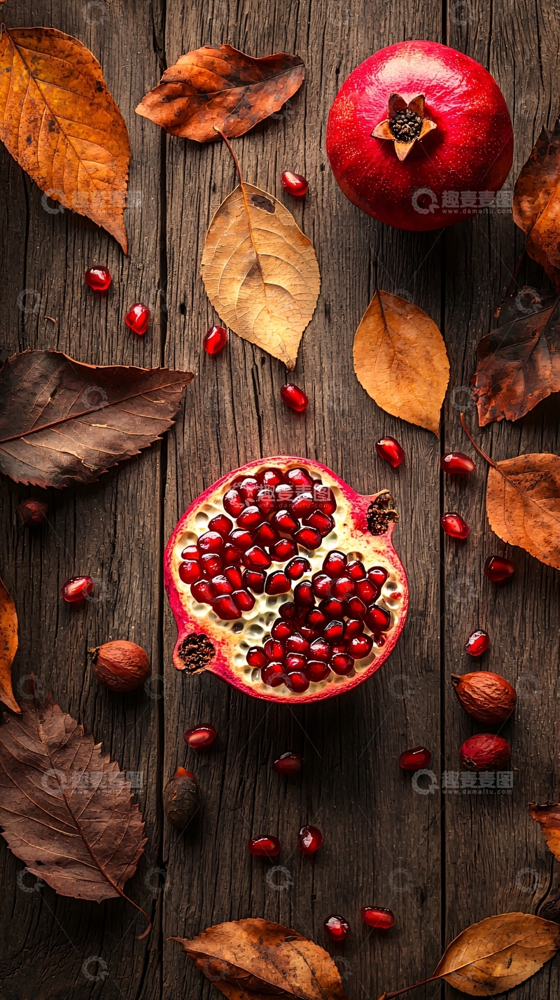 高清大图下载【趣麦麦图】石榴与秋叶静物