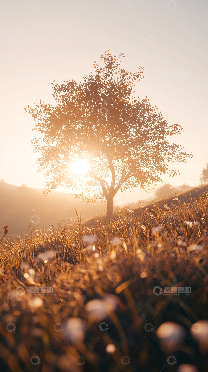 高清大图下载【趣麦麦图】日出时分孤树剪影
