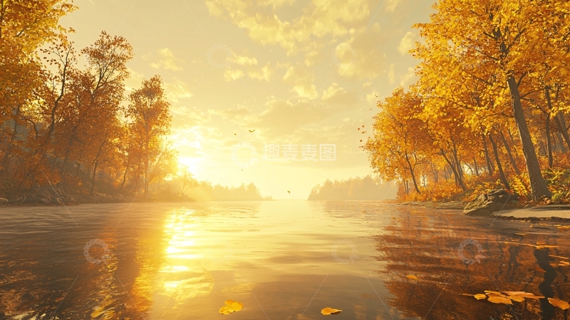 高清大图下载【趣麦麦图】秋日河边落日余晖