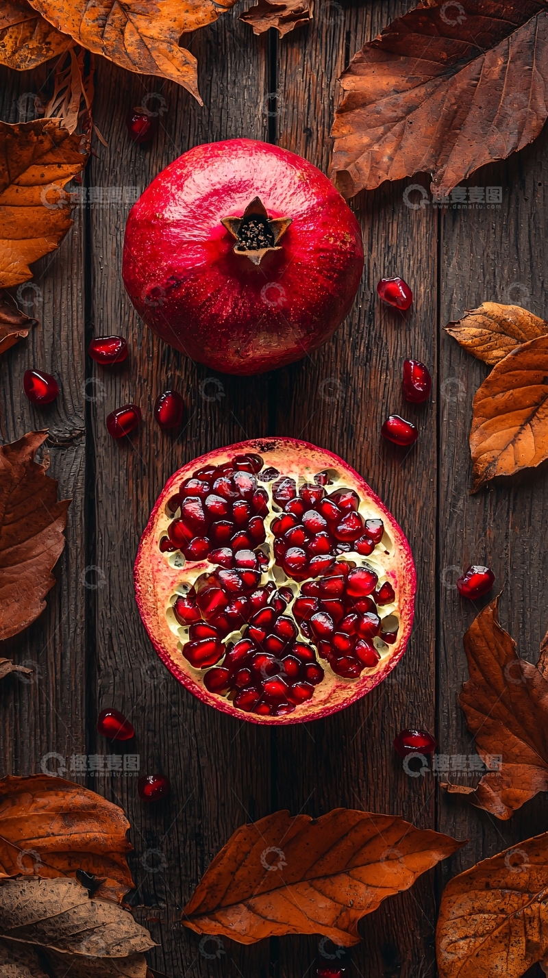 高清大图下载【趣麦麦图】秋日石榴木质背景