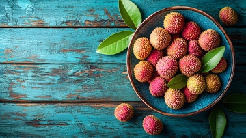 蓝盘中新鲜荔枝特写