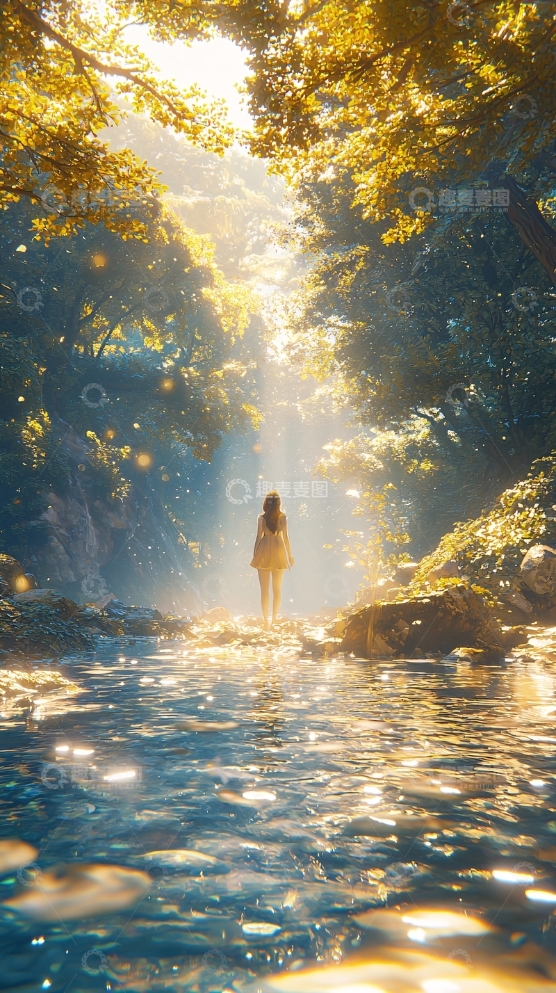 高清大图下载【趣麦麦图】森林溪流女孩