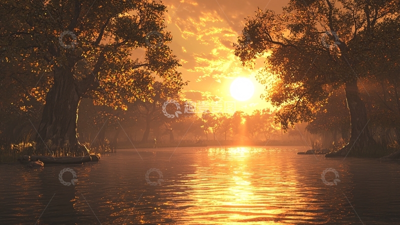 高清大图下载【趣麦麦图】夕阳西下湖边树林
