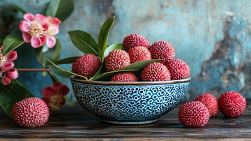 蓝碗里新鲜荔枝