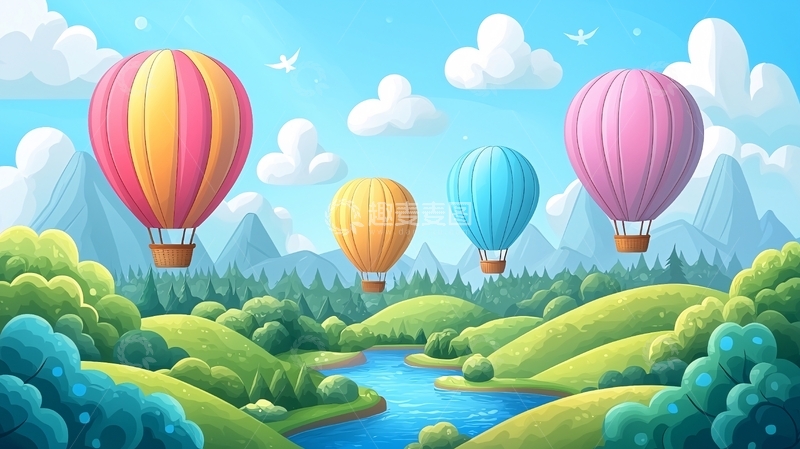 高清大图下载【趣麦麦图】热气球飞过绿地山丘
