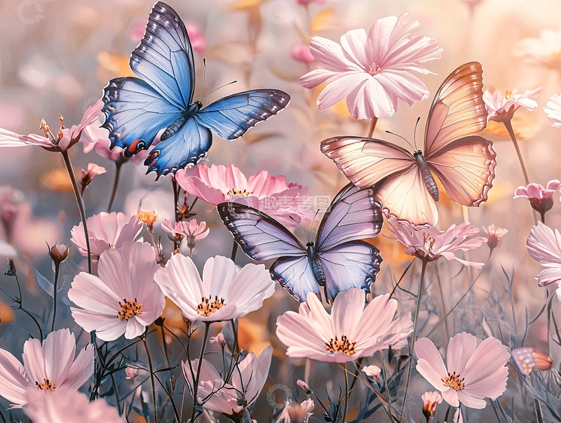 高清大图下载【趣麦麦图】蓝色蝴蝶飞舞花丛