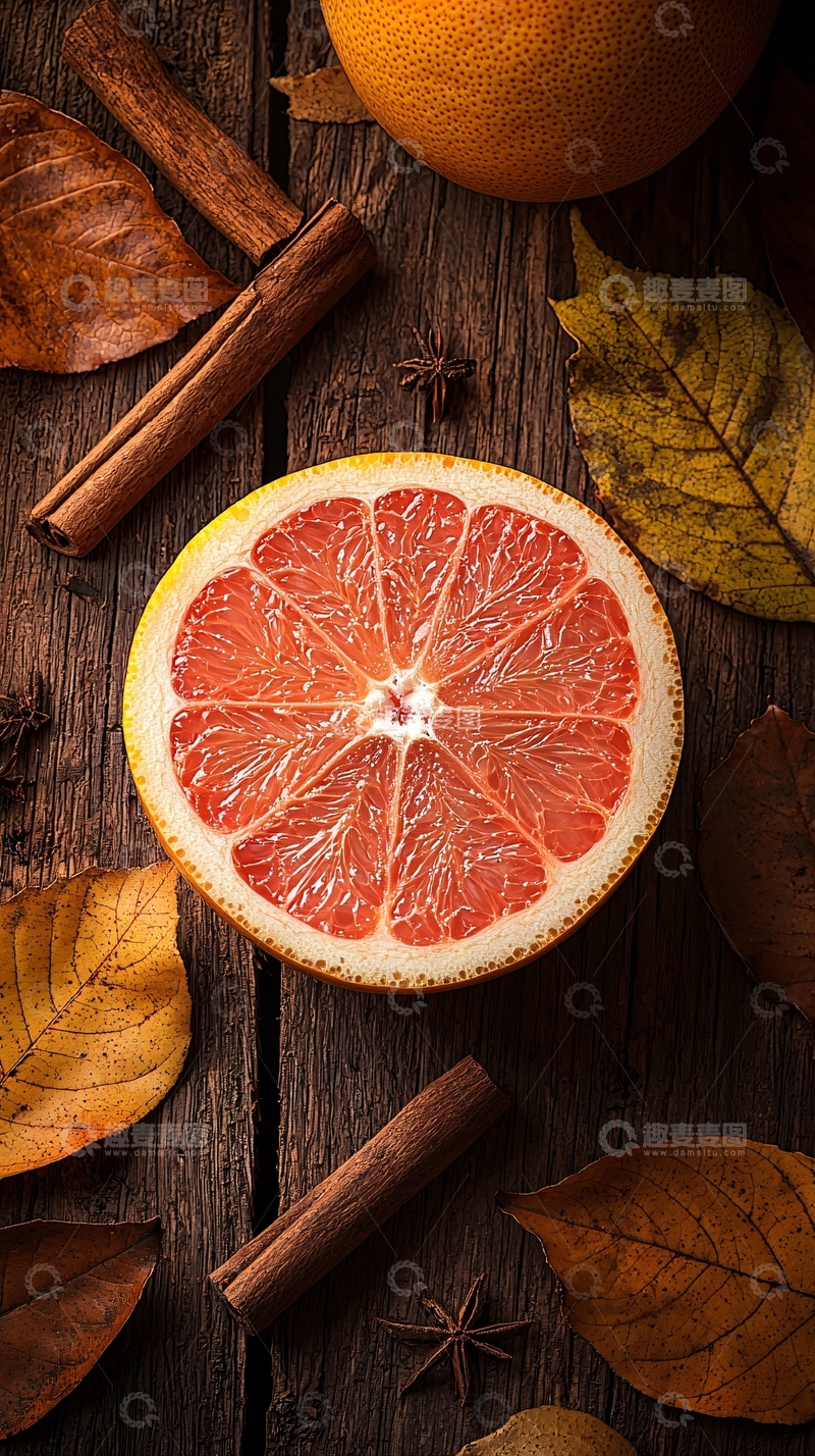 高清大图下载【趣麦麦图】柚子和秋叶静物