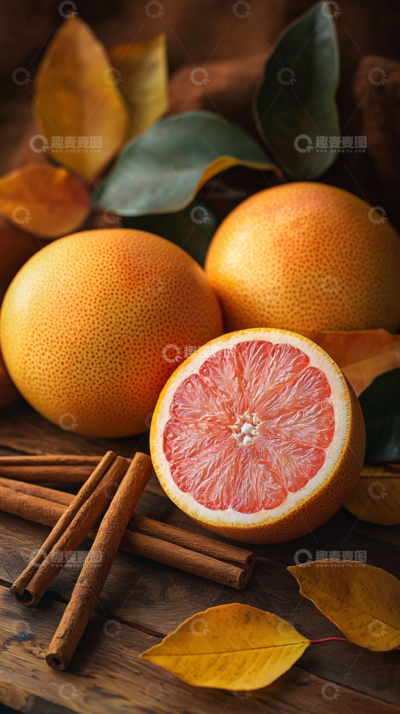 高清大图下载【趣麦麦图】新鲜柚子和桂皮的静物特写