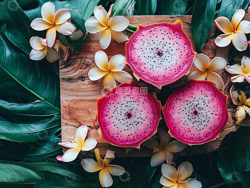 高清大图下载【趣麦麦图】火龙果与鸡蛋花热带摆拍