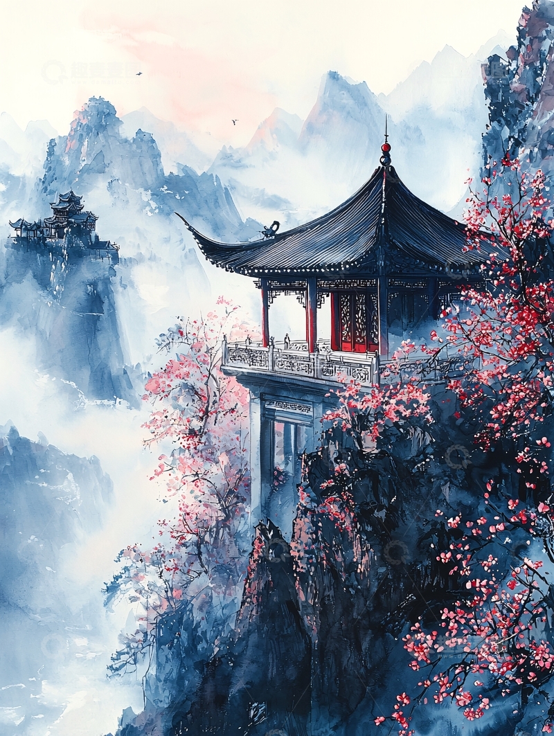 高清大图下载【趣麦麦图】水墨山水楼阁红梅
