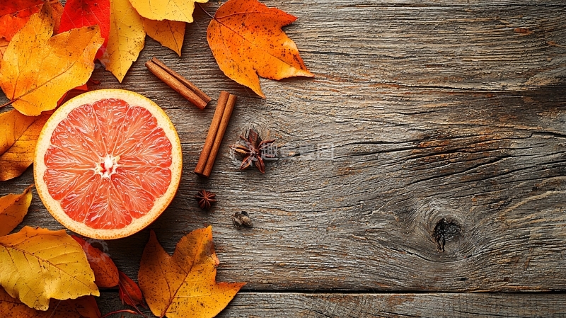 高清大图下载【趣麦麦图】秋叶柚子木质背景