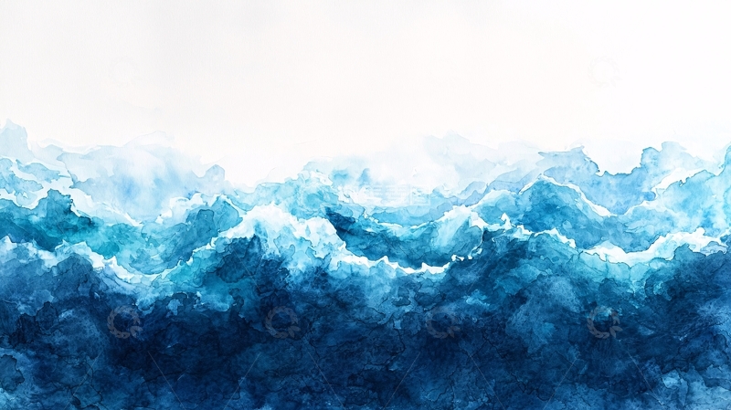 高清大图下载【趣麦麦图】水彩风格的蓝色海浪图案