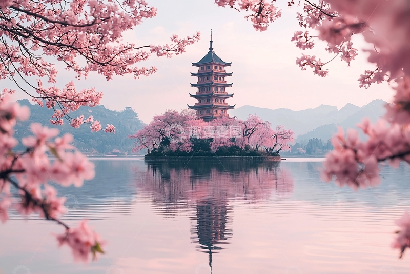 高清大图下载【趣麦麦图】樱花盛开中的日式宝塔