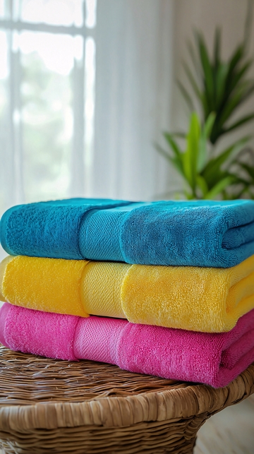 三条颜色鲜艳的毛巾叠放在一起