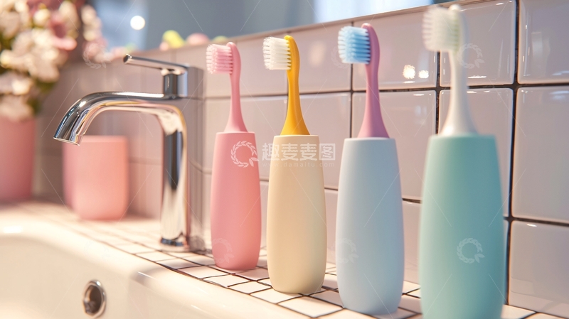 高清大图下载【趣麦麦图】浴室置物架上的彩色牙刷