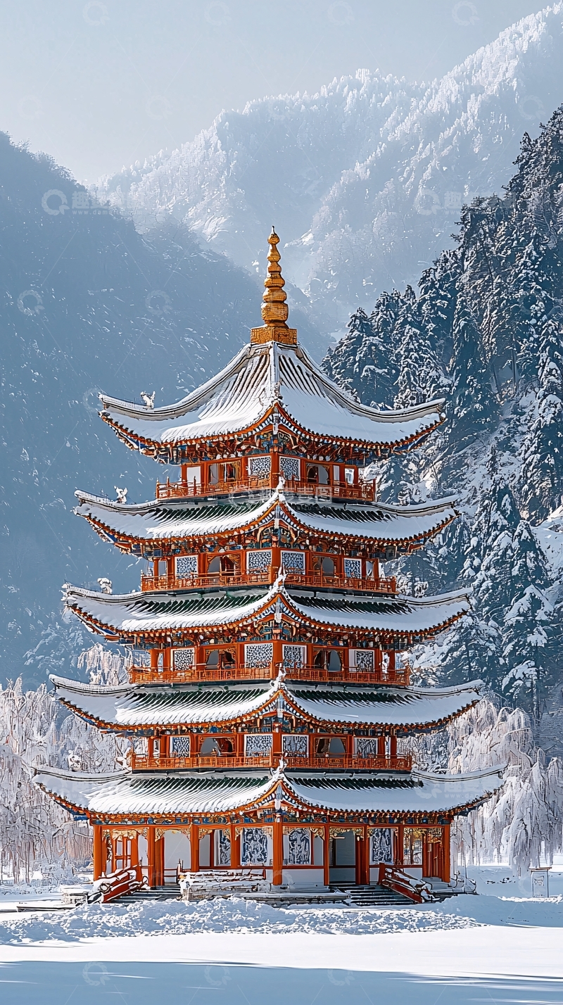 高清大图下载【趣麦麦图】雪山下的中国古塔