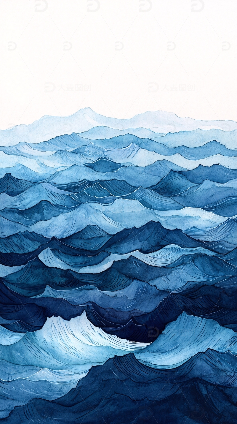 高清大图下载【趣麦麦图】蓝色水彩山脉连绵