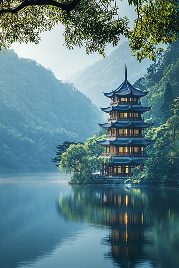 湖畔宝塔掩映山间