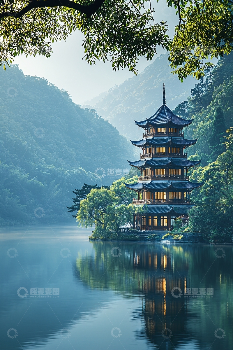 高清大图下载【趣麦麦图】湖畔宝塔掩映山间
