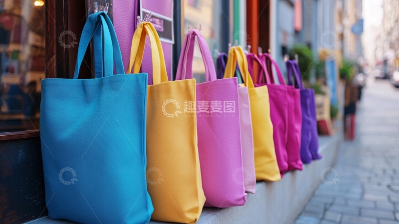 高清大图下载【趣麦麦图】彩色帆布袋街边展示