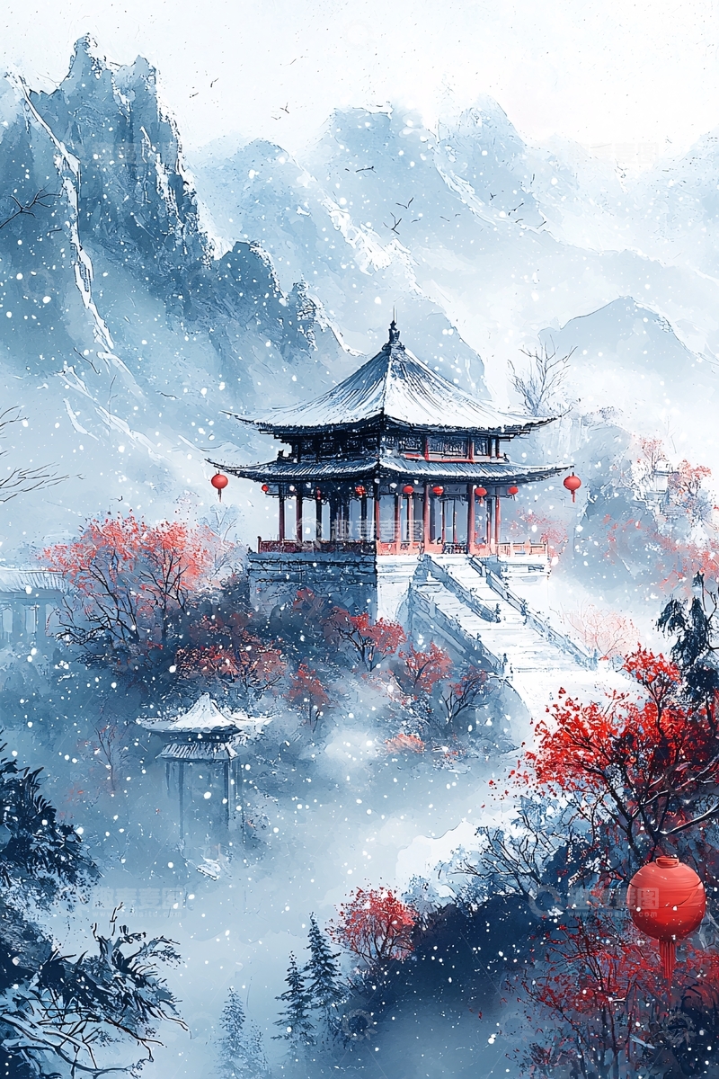 高清大图下载【趣麦麦图】雪山古建筑红叶飘雪
