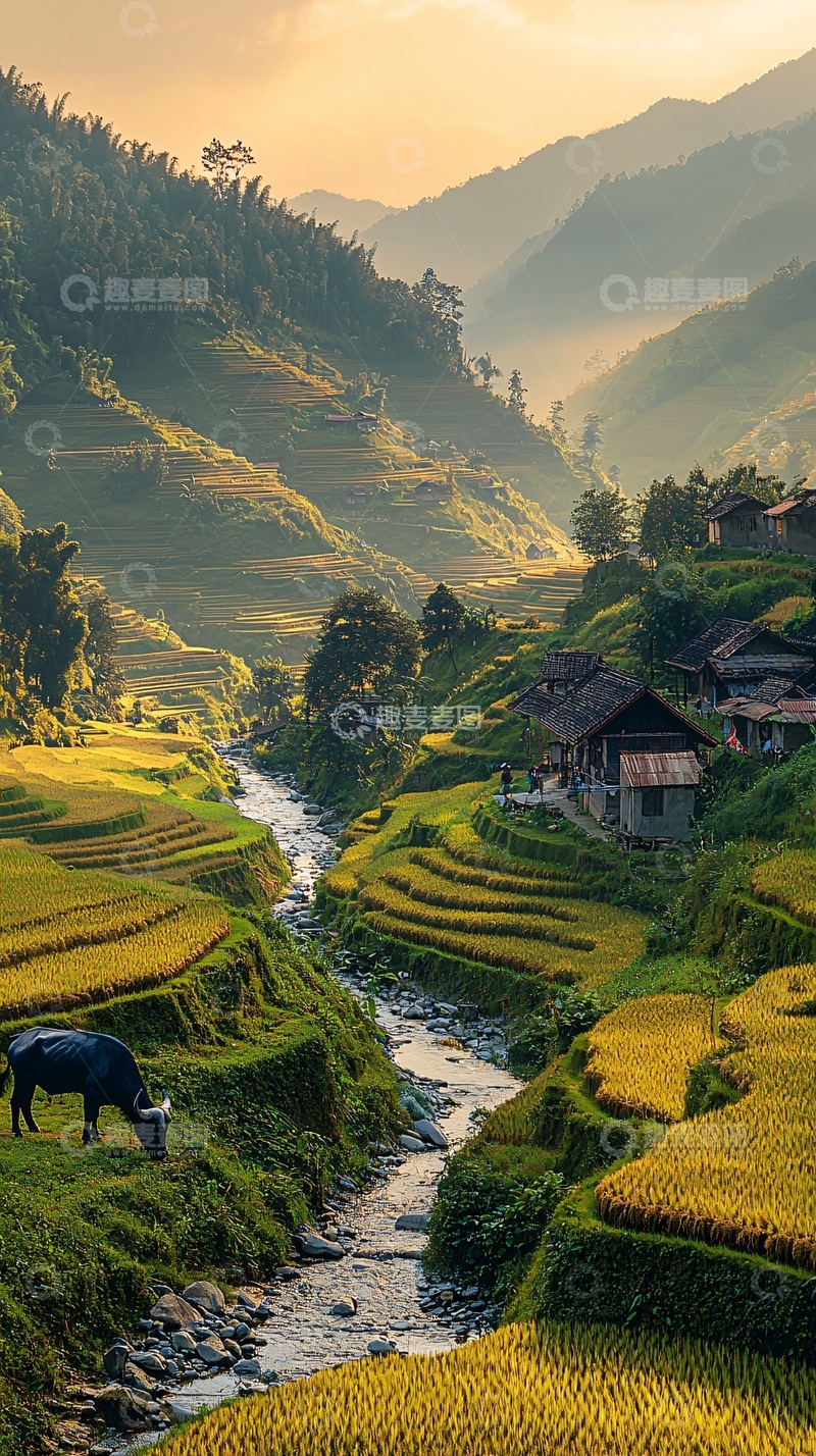 高清大图下载【趣麦麦图】山间河流梯田村庄