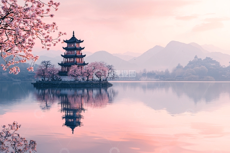 高清大图下载【趣麦麦图】粉红色的樱花和古塔倒影