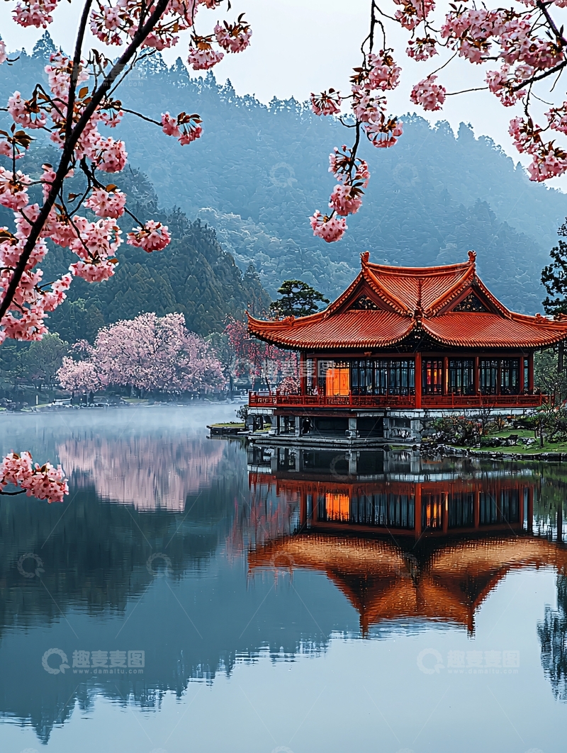 高清大图下载【趣麦麦图】日式建筑湖面倒影樱花盛开