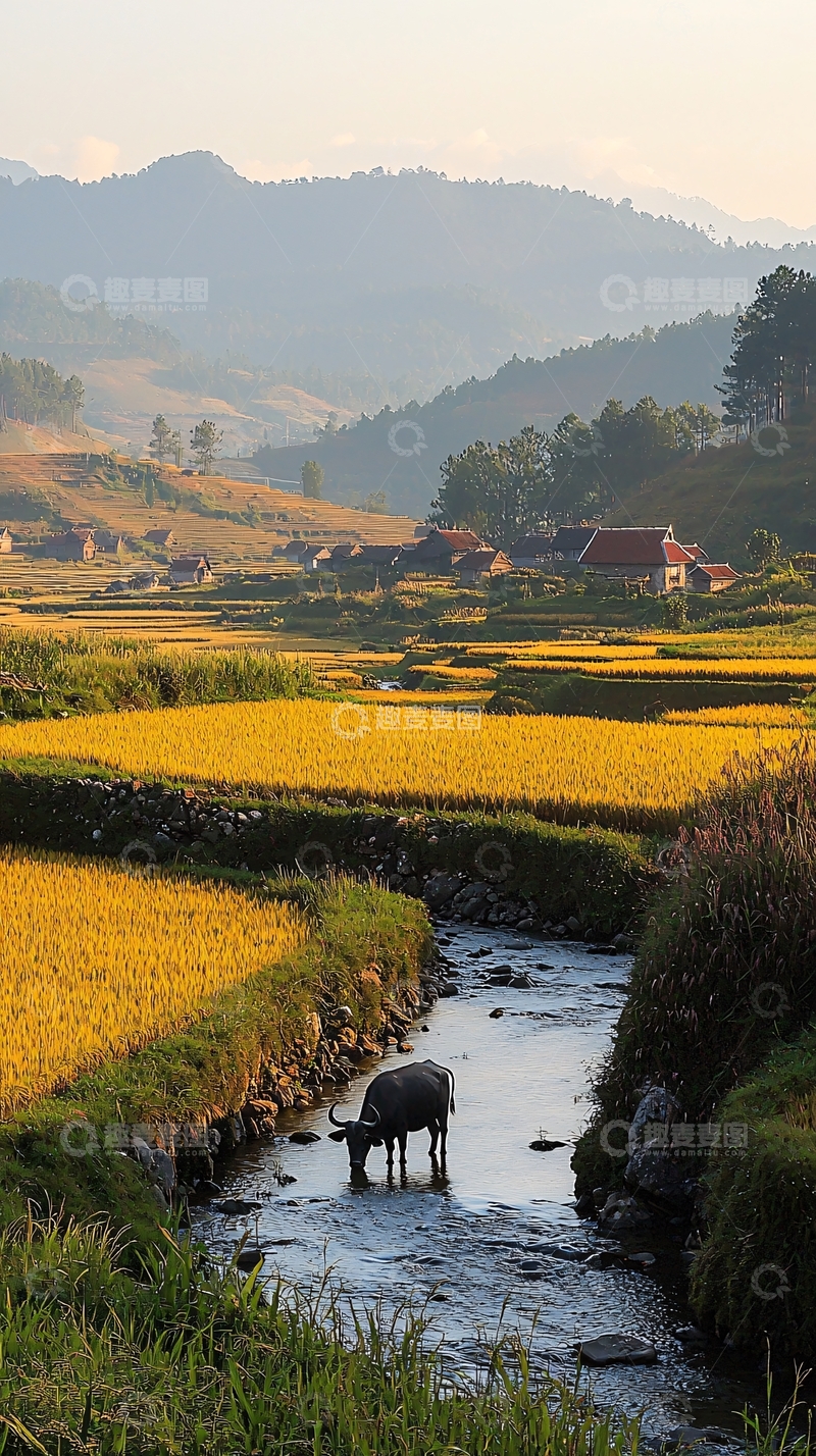 高清大图下载【趣麦麦图】金色稻田里的水牛