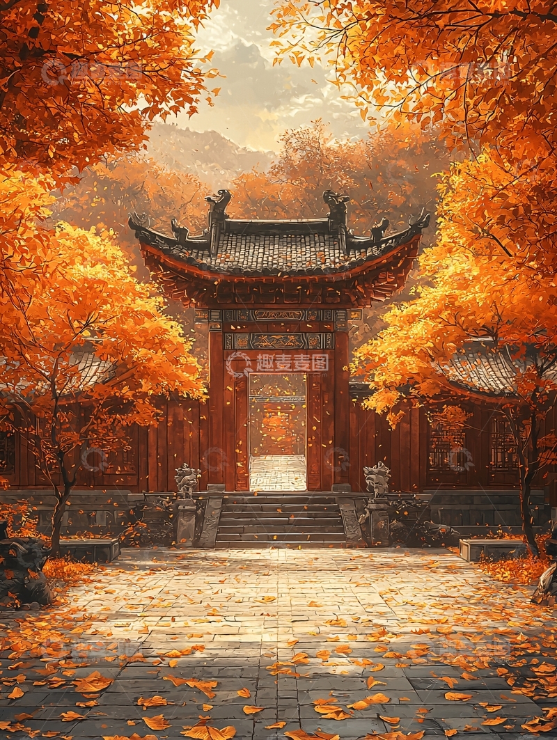 高清大图下载【趣麦麦图】秋日红叶古建筑