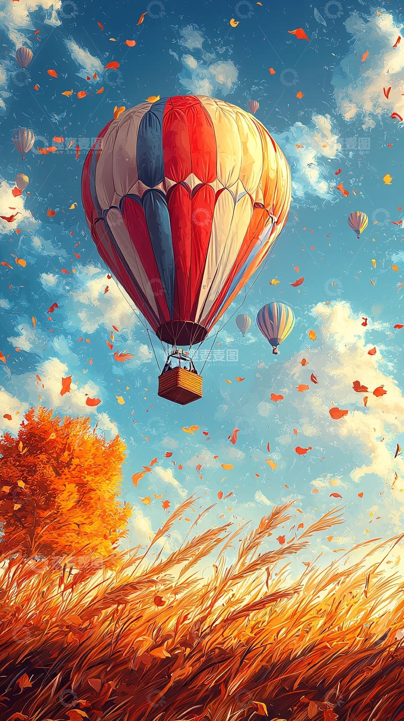高清大图下载【趣麦麦图】热气球飞过秋日天空