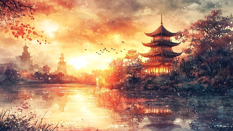 高清大图下载【趣麦麦图】日落余晖下的古色古香建筑