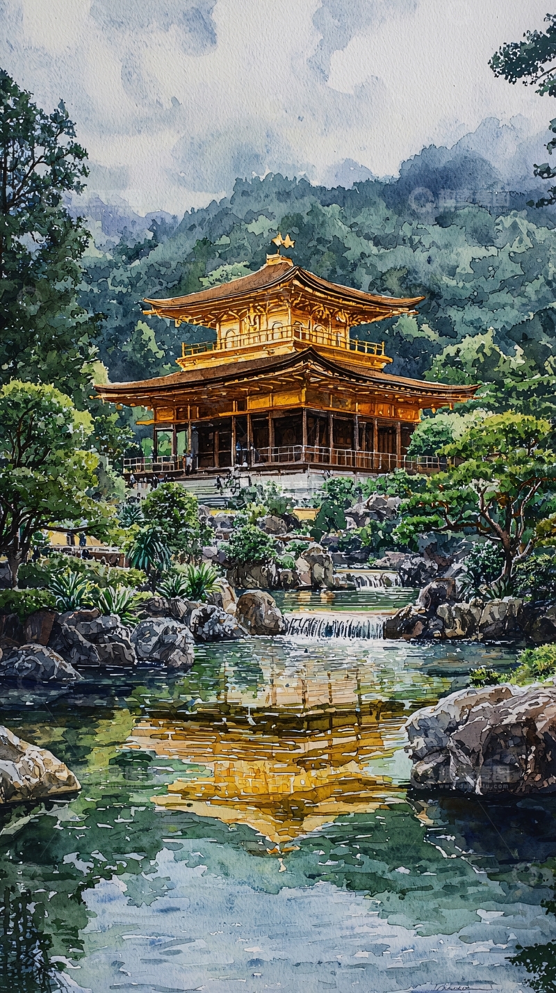 高清大图下载【趣麦麦图】金色寺庙水面倒影