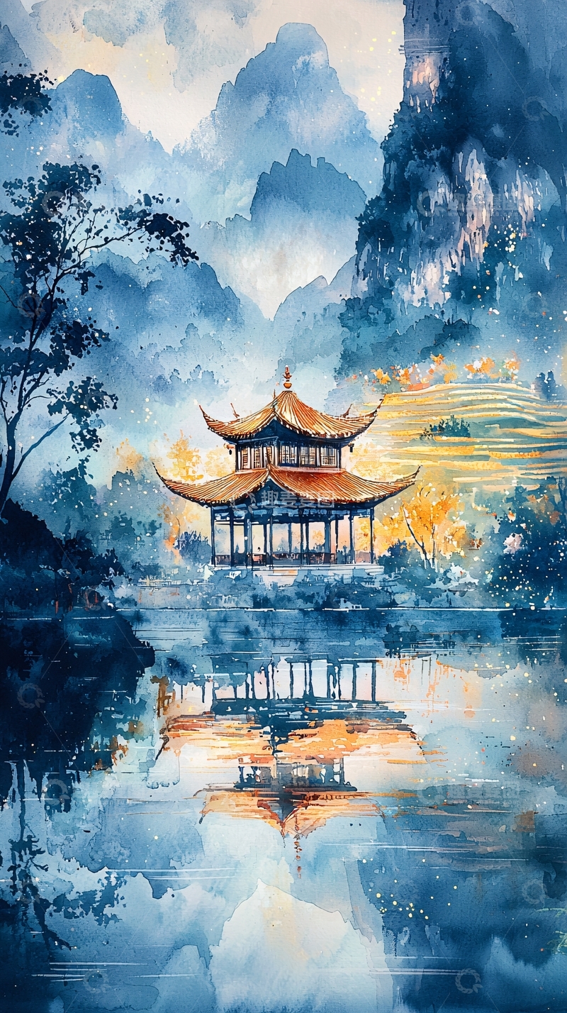 高清大图下载【趣麦麦图】水墨风山水亭台楼阁