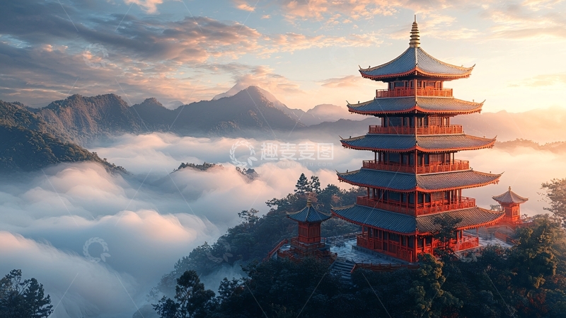 高清大图下载【趣麦麦图】云雾缭绕的山间宝塔